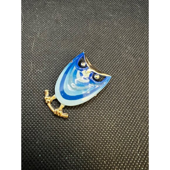 Eisenberg Enamel Blue Owl Brooch Pin With Gold Accents & Rhinestone Eyes - Picture 4 of 10